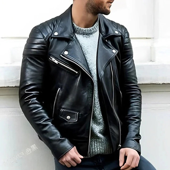 Comfortable men's leather biker jacket, ideal outerwear for everyday casual wear & stylish layering.