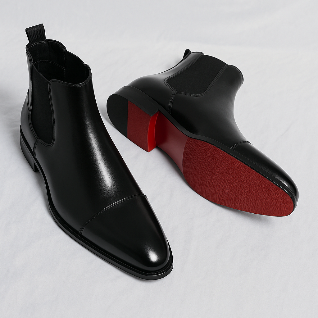 Men's black leather Chelsea boots with sharp design and distinctive red sole for elegant style.