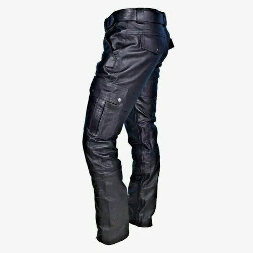 Men's black leather motorcycle trousers, rugged style riding gear for bikers. Durable and fashionable.