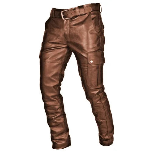 Rugged men's leather motorcycle pants. Stylish biker fashion for casual wear and riding. High-quality construction.