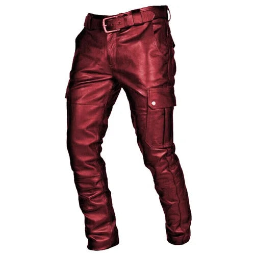 Close-up of men's leather motorcycle trousers, showcasing rugged style, durable material, perfect for biker fashion.
