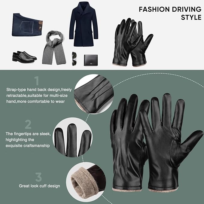 Men's cold weather thermal leather gloves with touchscreen fingers for outdoor protection and convenience.