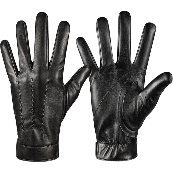 Men's black leather touchscreen winter gloves, cashmere lined for cold weather