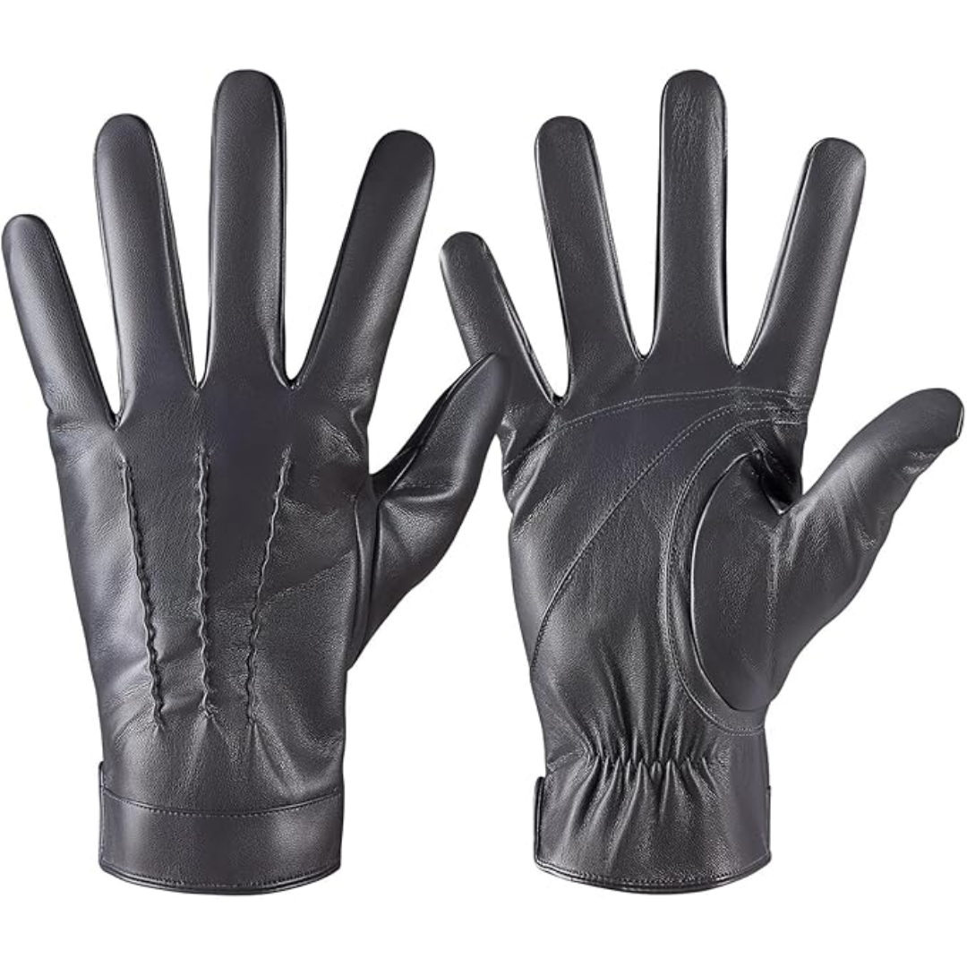 Close-up of men's leather driving gloves with touchscreen compatibility, warm cashmere lining