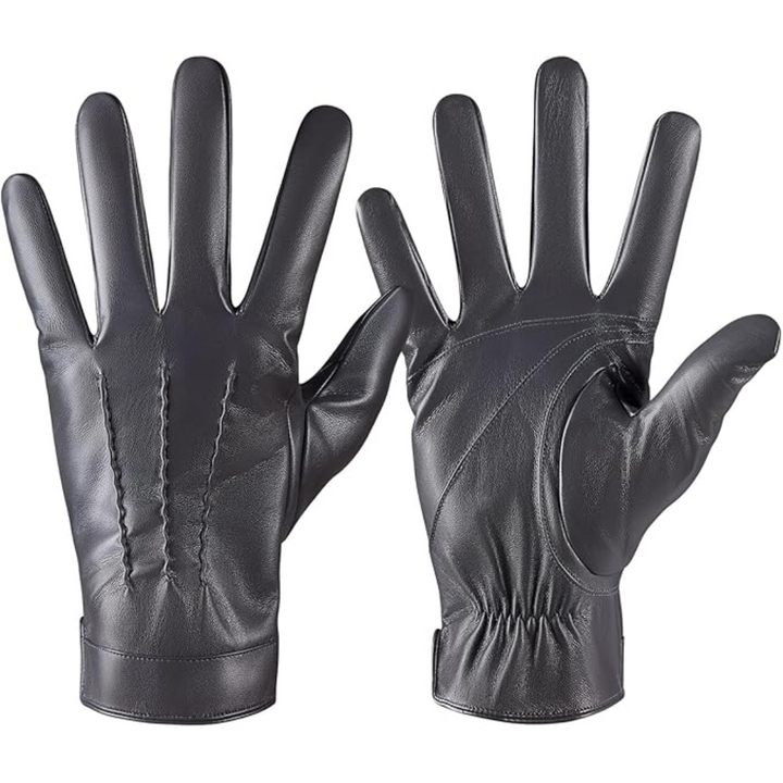 Close-up of men's leather driving gloves with touchscreen compatibility, warm cashmere lining
