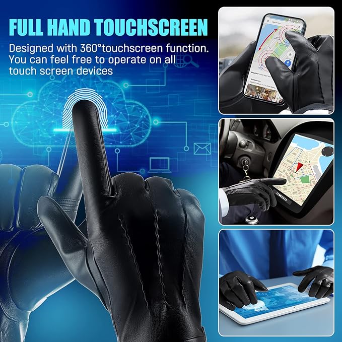 Premium men's black leather touchscreen winter gloves, lined with soft cashmere