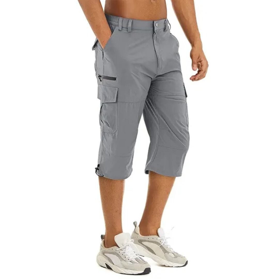 Stylish grey men's quick-dry cargo shorts, designed for hiking and outdoor wear, featuring practical pockets