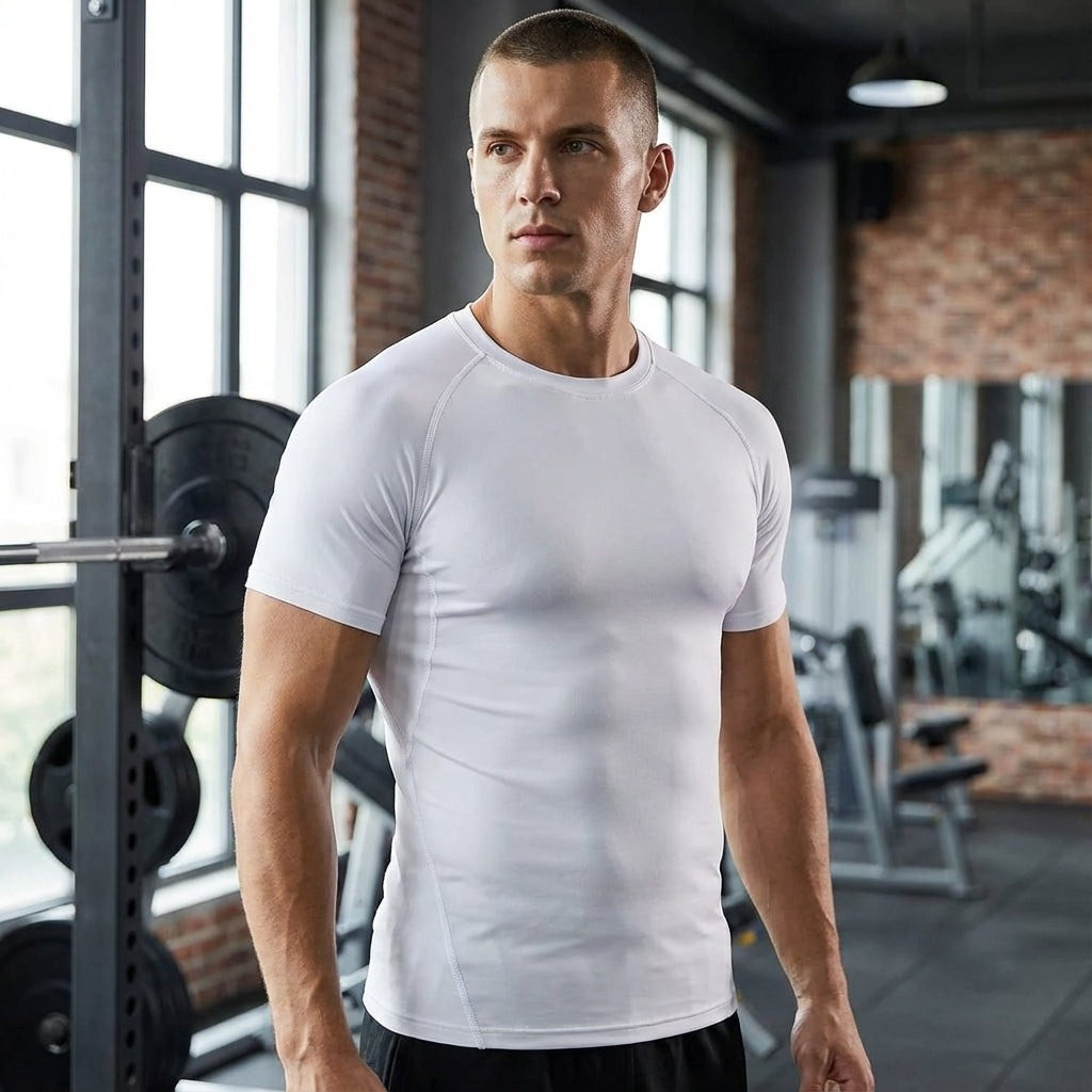 Men's black long sleeve compression shirt set, durable athletic wear for workouts