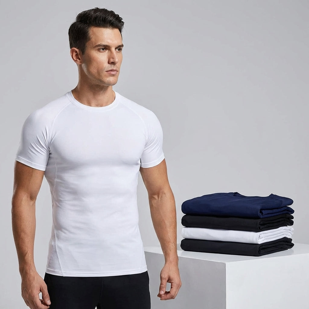 Close-up of moisture-wicking polyester blend fabric on men's compression activewear shirt