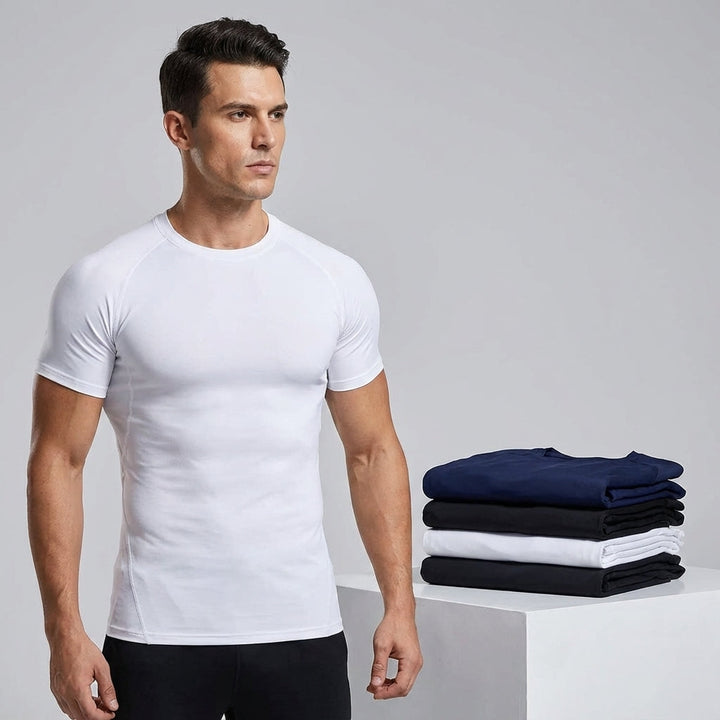 Close-up of moisture-wicking polyester blend fabric on men's compression activewear shirt