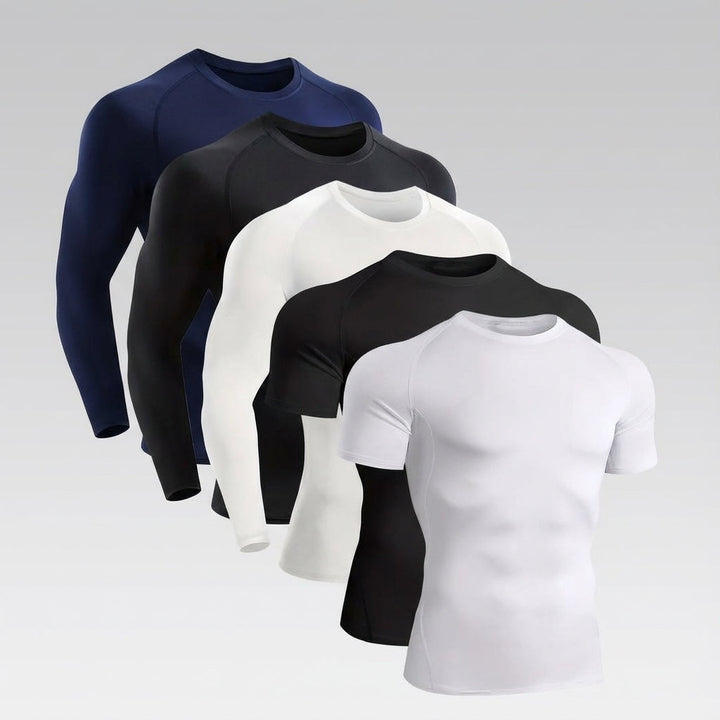 Three-quarter view of men's performance wear compression top and bottom, workout gear