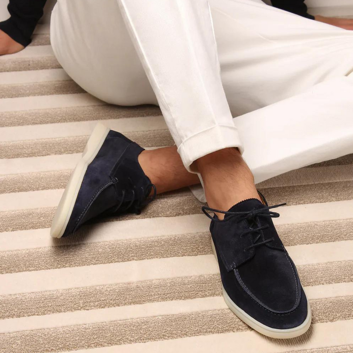 Premium men's beige leather lace-up loafers, perfect for smart casual or formal wear.