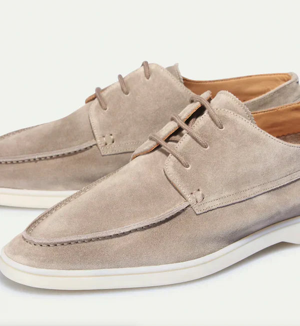 Stylish beige leather lace-up loafers for men, versatile casual and dress shoes.
