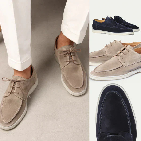 Men's premium beige leather loafers with laces, ideal for sophisticated everyday wear.