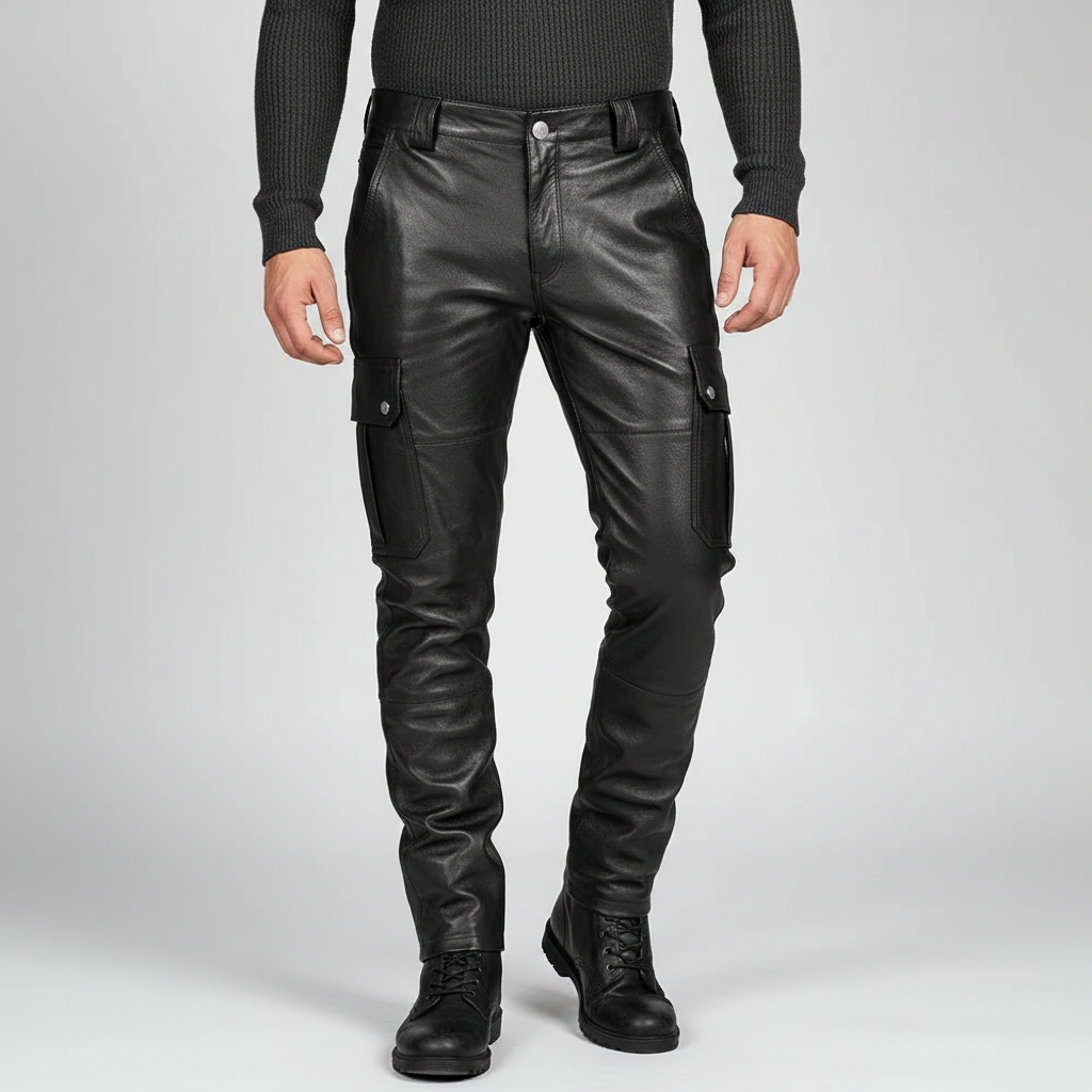 Durable men's slim fit motorcycle leather pants in black, ideal for riding and stylish everyday wear.