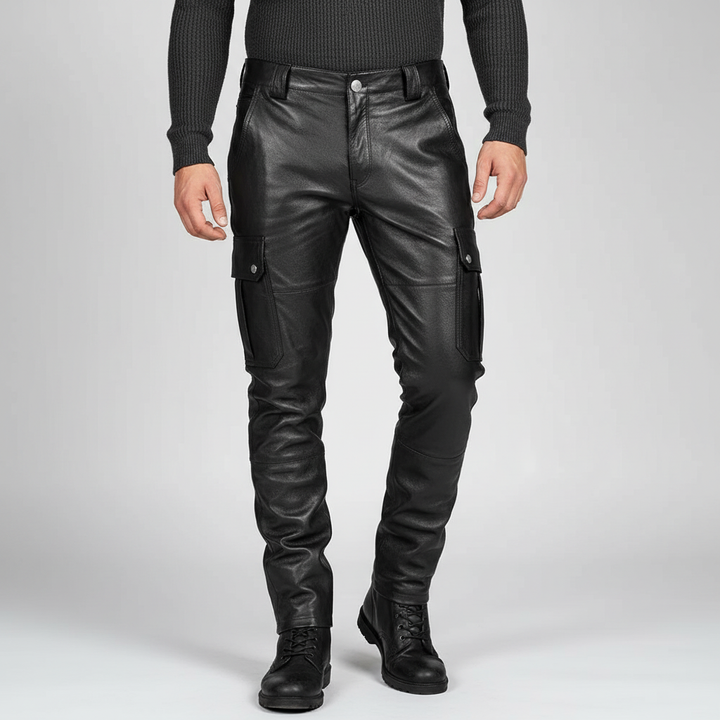 Durable men's slim fit motorcycle leather pants in black, ideal for riding and stylish everyday wear.