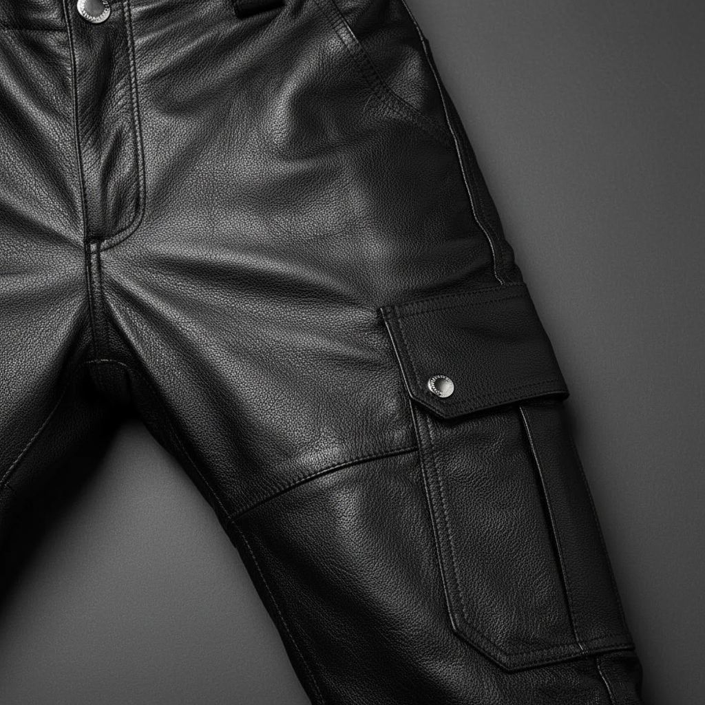 Fashionable men's narrow fit black leather trousers, motorcycle style, offering a sleek urban look.