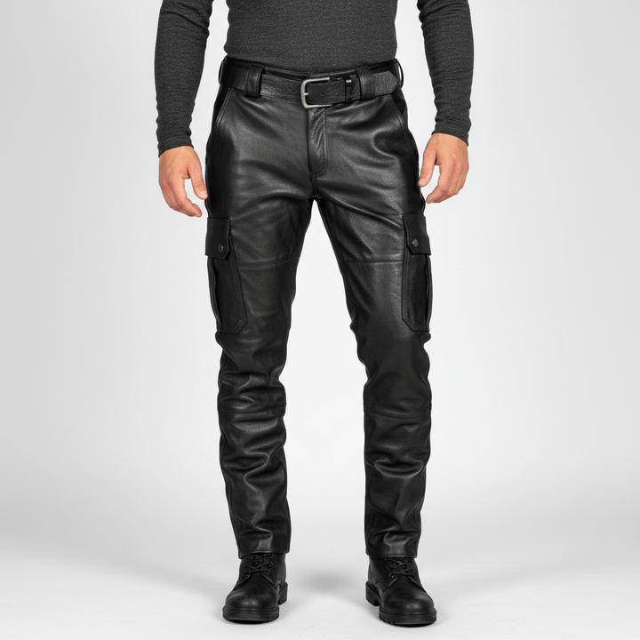 Close-up of men's Daryl narrow fit leather motorcycle pants showing texture and quality craftsmanship.