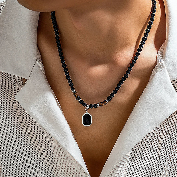 Men's Black Onyx beaded necklace with polished gemstone beads, ideal for men's fashion & statement accessory.