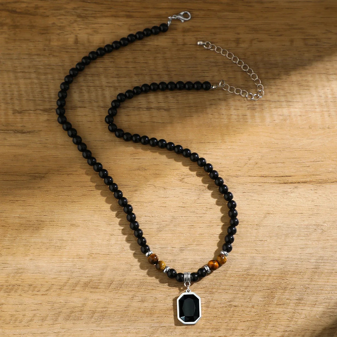 Stylish men's adjustable black onyx beaded necklace, perfect for a modern men's jewelry statement.