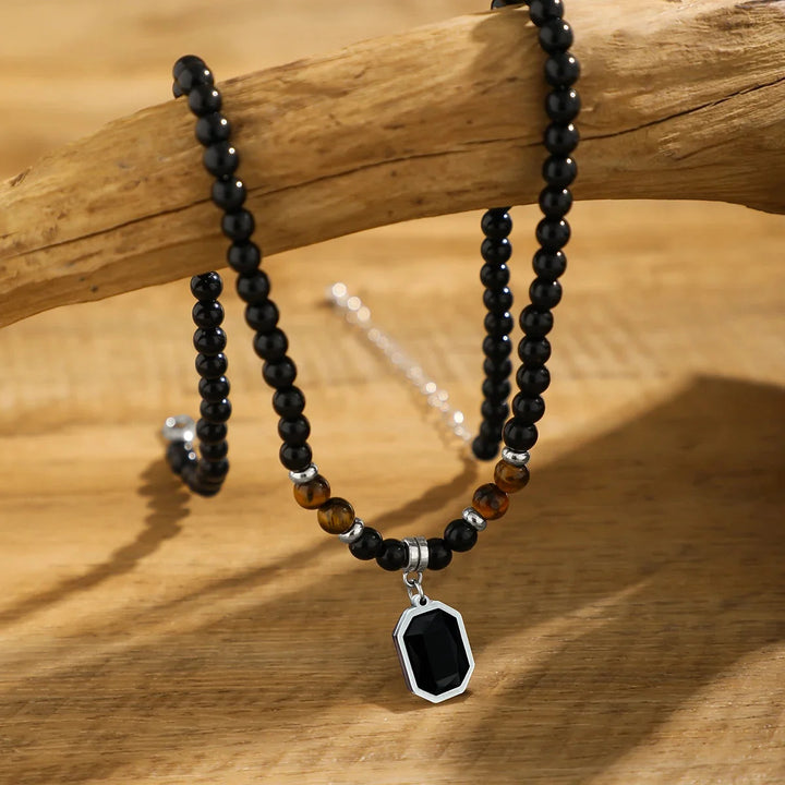 Elegant men's black onyx gemstone beaded necklace, a stylish and adjustable men's accessory.