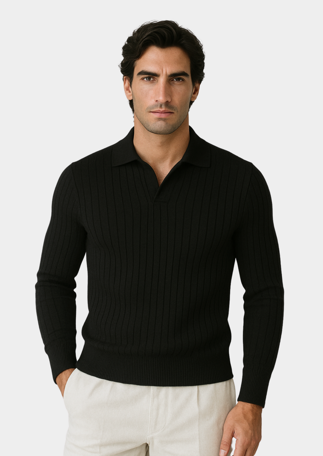 Men's black open collar polo sweater, long sleeve. Ideal for smart casual & modern versatile style.