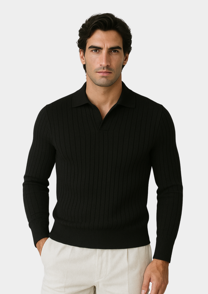 Men's black open collar polo sweater, long sleeve. Ideal for smart casual & modern versatile style.