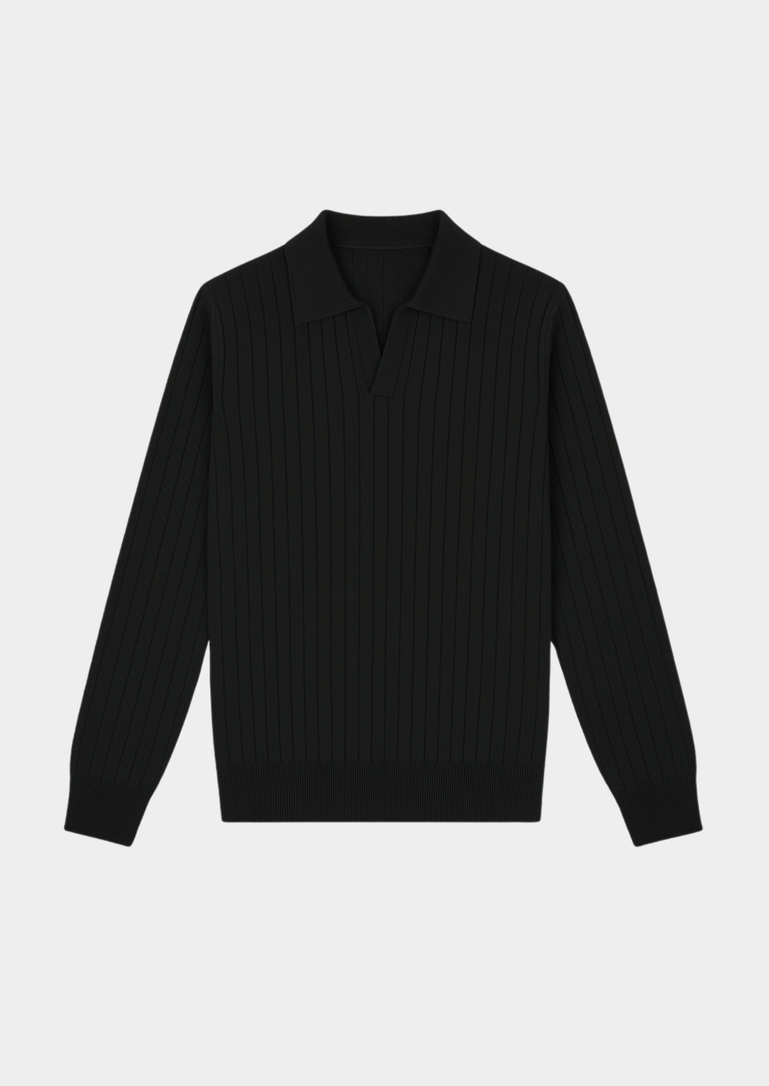 Stylish black long sleeve open collar polo sweater for men. Comfortable & perfect for business casual attire.