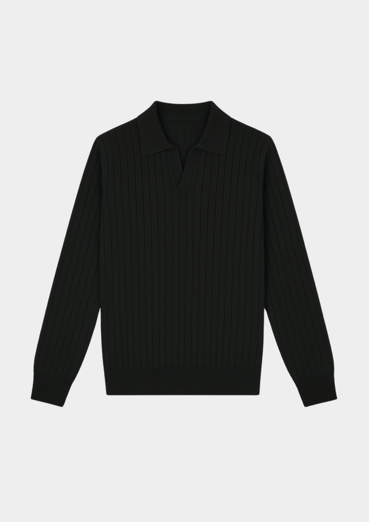 Stylish black long sleeve open collar polo sweater for men. Comfortable & perfect for business casual attire.