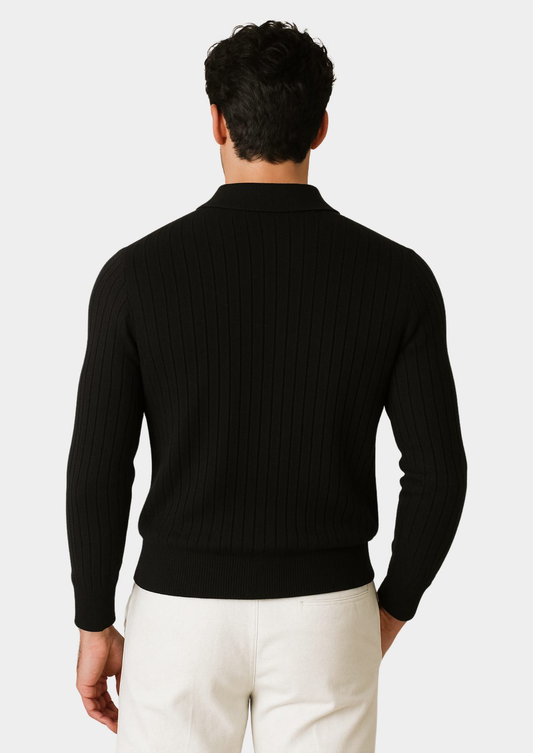 Refined men's black polo sweater with an open collar. Modern top for smart casual or professional settings.