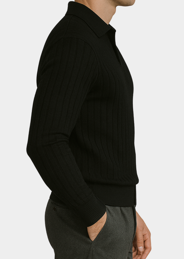 Versatile black open collar long sleeve polo sweater for men. Comfortable and stylish for everyday wear.
