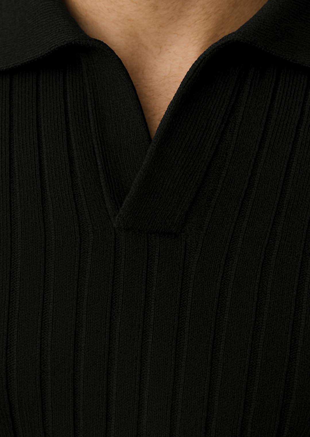 Elegant men's black open collar knit polo sweater. A modern long sleeve top for refined smart casual style.