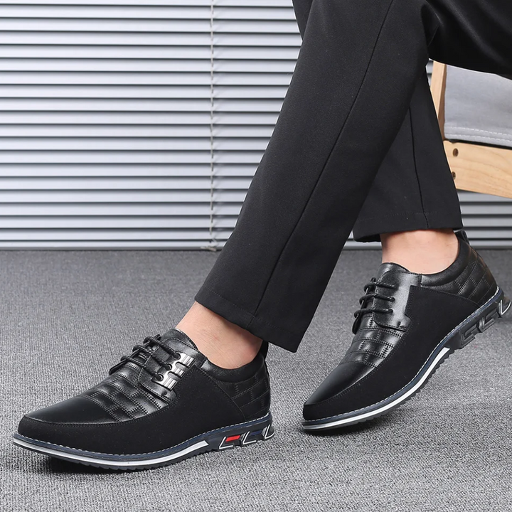 Men's black orthopedic leather dress shoes, GentleStep, offering all-day comfort & arch support.