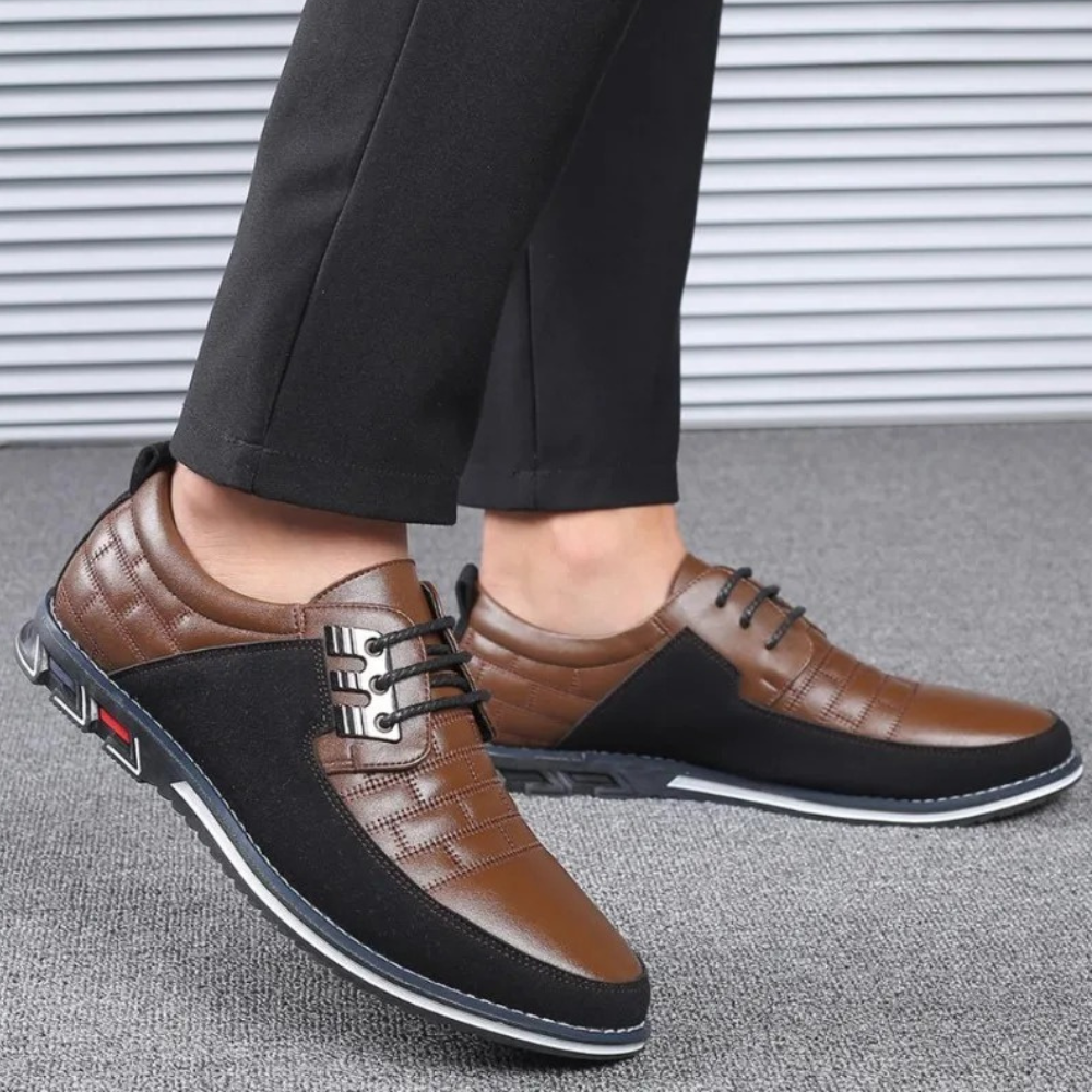 Supportive orthopedic men's leather shoes providing foot pain relief & essential arch support.