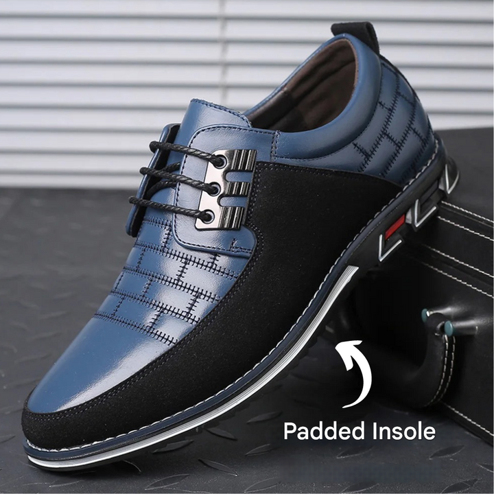 Versatile men's black leather orthopedic shoes for walking, daily wear, and formal events.