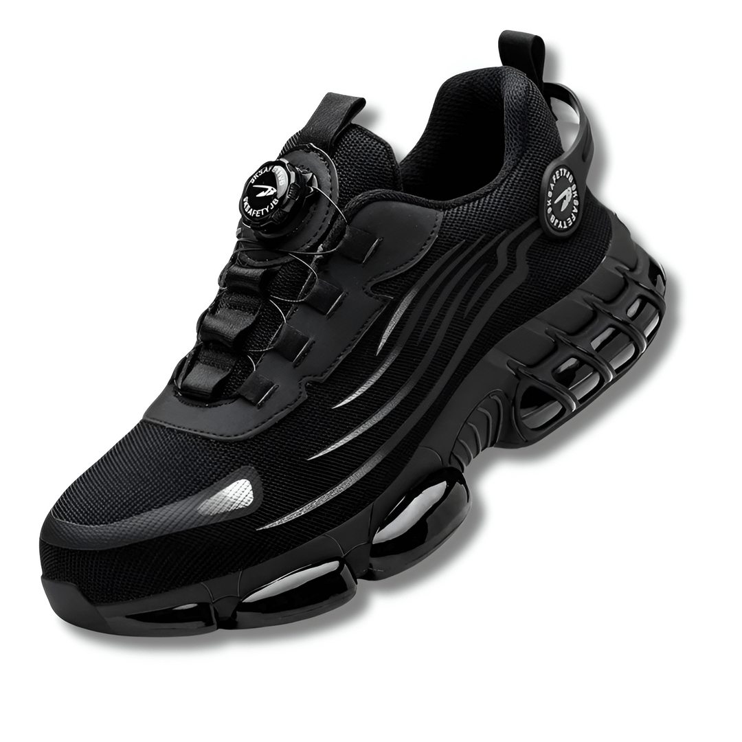 Durable men's safety work shoes: slip-resistant, puncture-proof sole, anti-fatigue design for industrial protection.