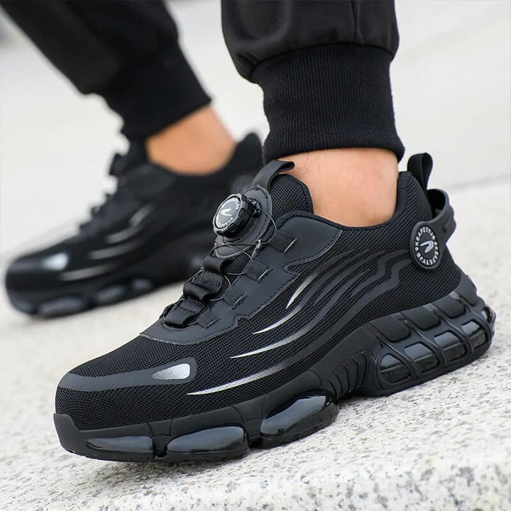 Black men's orthopedic work shoes, comfortable & durable, with industrial safety features and puncture-proof sole.