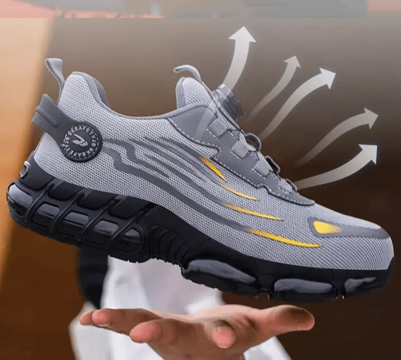 Gray men's orthopedic safety shoes, slip-resistant & durable for long workdays, ultimate protection & comfort.