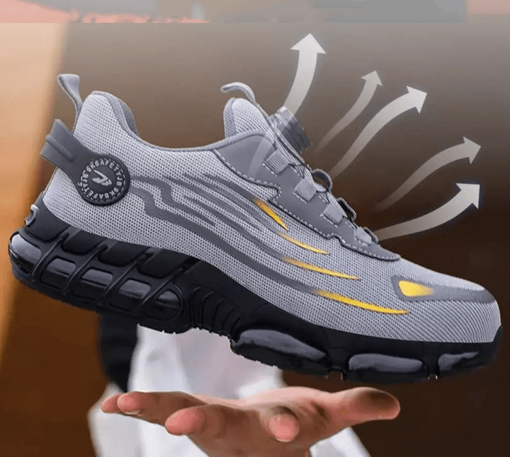 Gray men's orthopedic safety shoes, slip-resistant & durable for long workdays, ultimate protection & comfort.