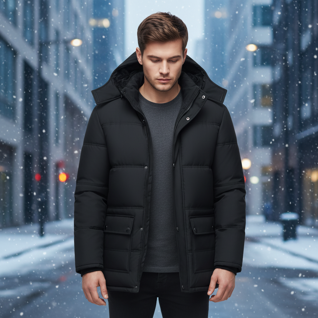 Men's black padded winter jacket, model Tobias, perfect for cold weather, durable and easy care outerwear.