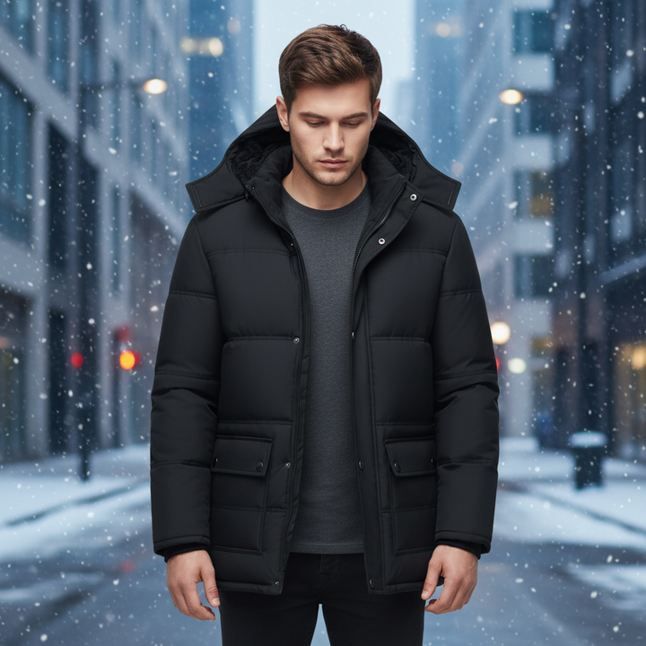 Men's black padded winter jacket, model Tobias, perfect for cold weather, durable and easy care outerwear.