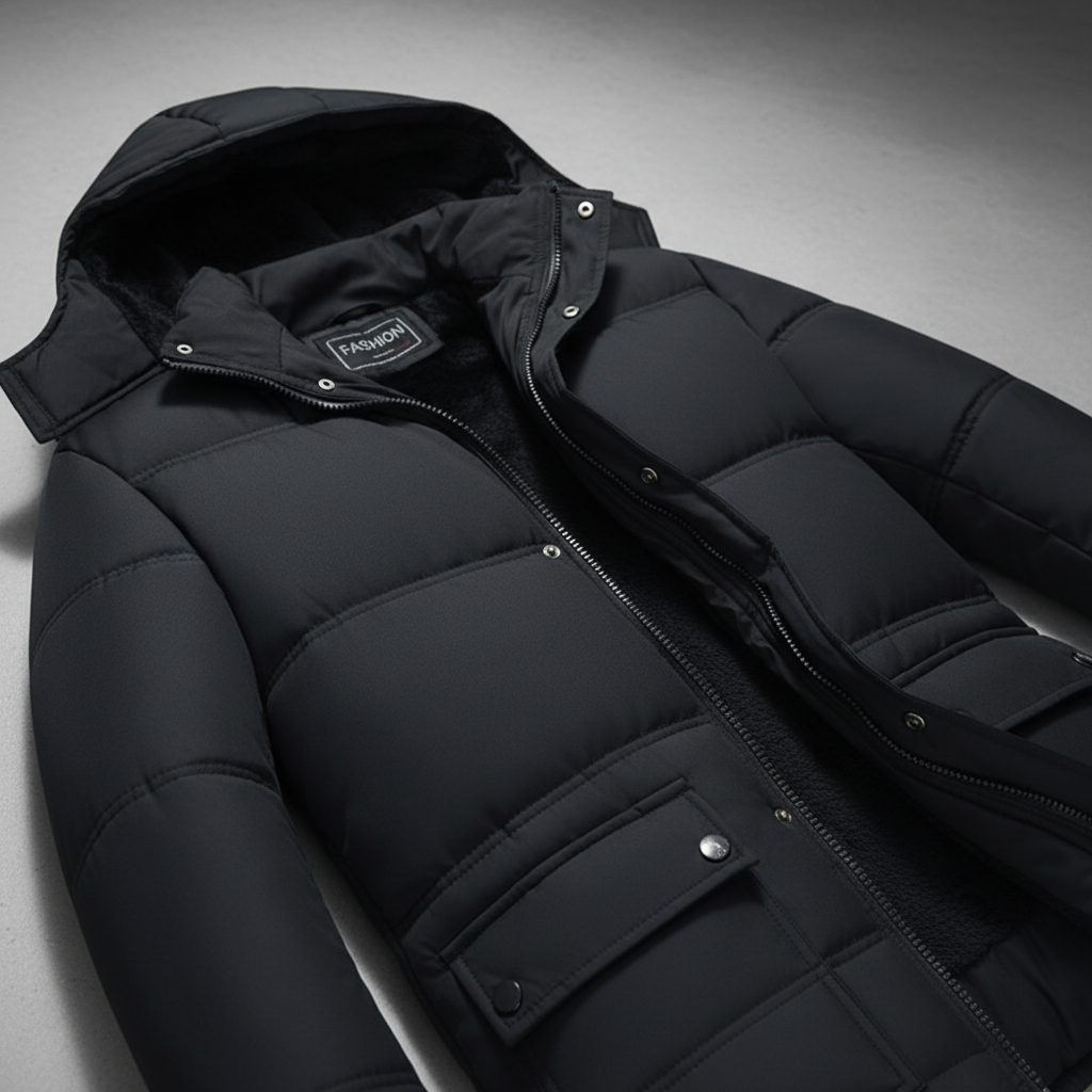 Black men's insulated jacket, Tobias, showing a comfortable and durable design, essential winter outerwear.