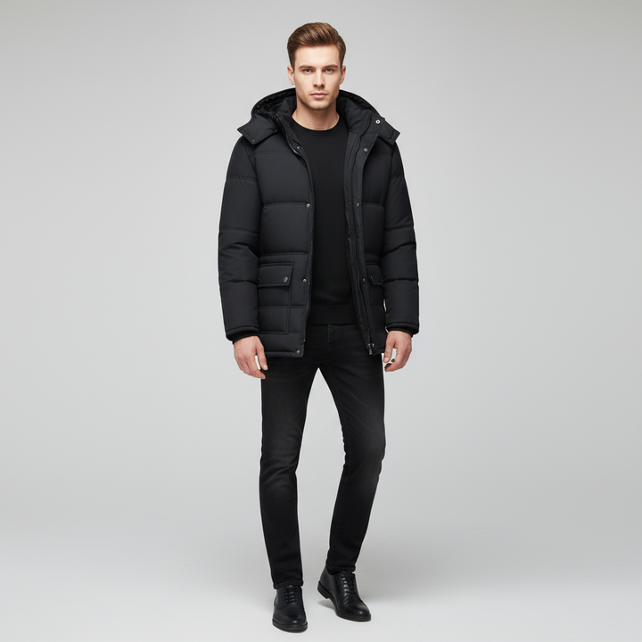 Stylish men's padded winter jacket in black, Tobias model, offering warmth and easy care for daily wear.