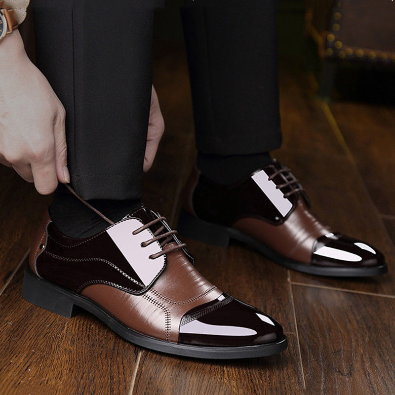 Polished patent finish men's black oxford dress shoes, exuding classic elegance & sophisticated business look.