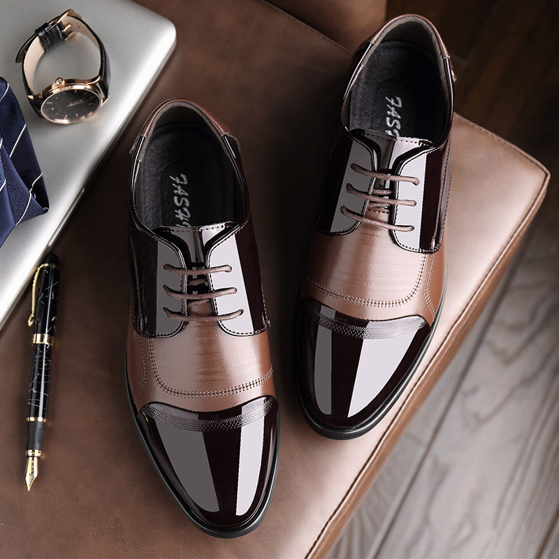 Men's formal black patent oxford dress shoes with cushioned comfort, featuring a sleek, stylish look.