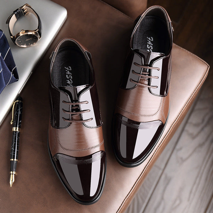 Men's formal black patent oxford dress shoes with cushioned comfort, featuring a sleek, stylish look.