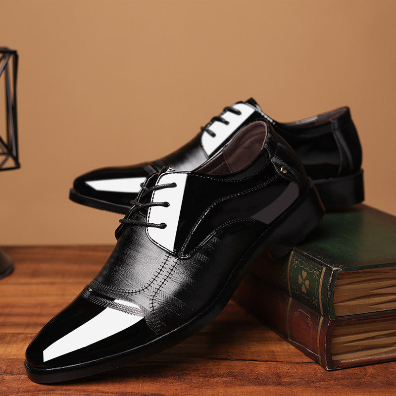 Side view of sleek men's black patent oxford dress shoes, showcasing classic mens footwear for business wear.