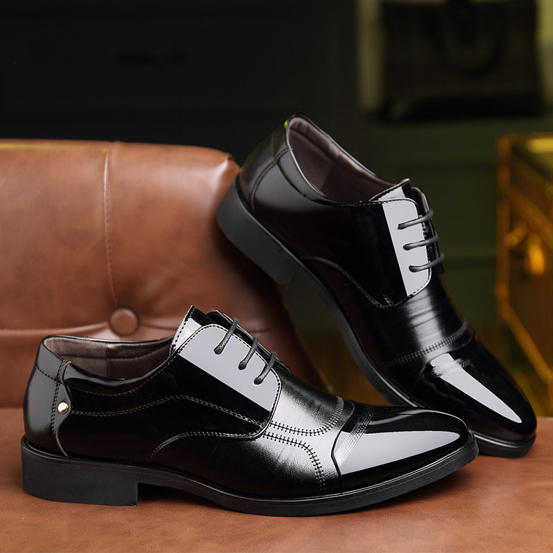 Front view of polished men's black patent oxford shoes, highlighting sophisticated formal style & elegant finish.