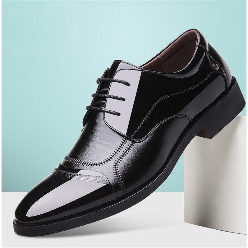 Heel detail of men's formal black patent oxford dress shoes, featuring durable sole & polished finish.