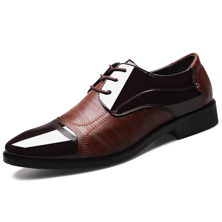 Overhead view of classic men's black patent oxford shoes, essential formal footwear for elegant occasions.